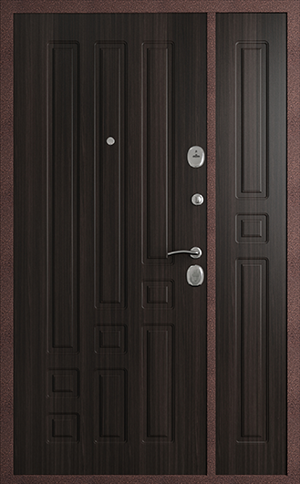 Металлическая дверь «Комфорт 2Д». Вид внутренней отделки ПВХ Венге Вид внешней отделки: Антик медный Cтандартный наличник