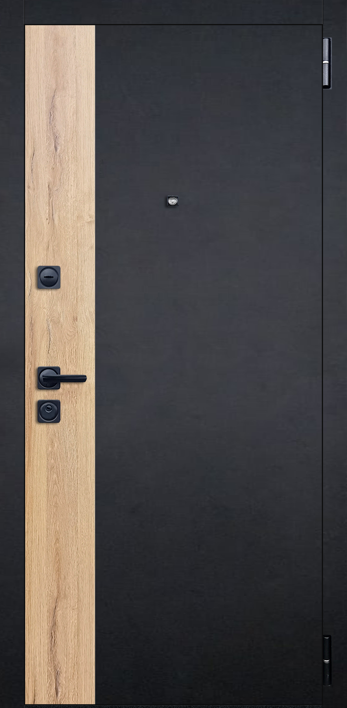 Металлическая дверь «Модерн 1». Вид внутренней отделки  Вид внешней отделки: лофт черный + дуб Вотан Cтандартный наличник