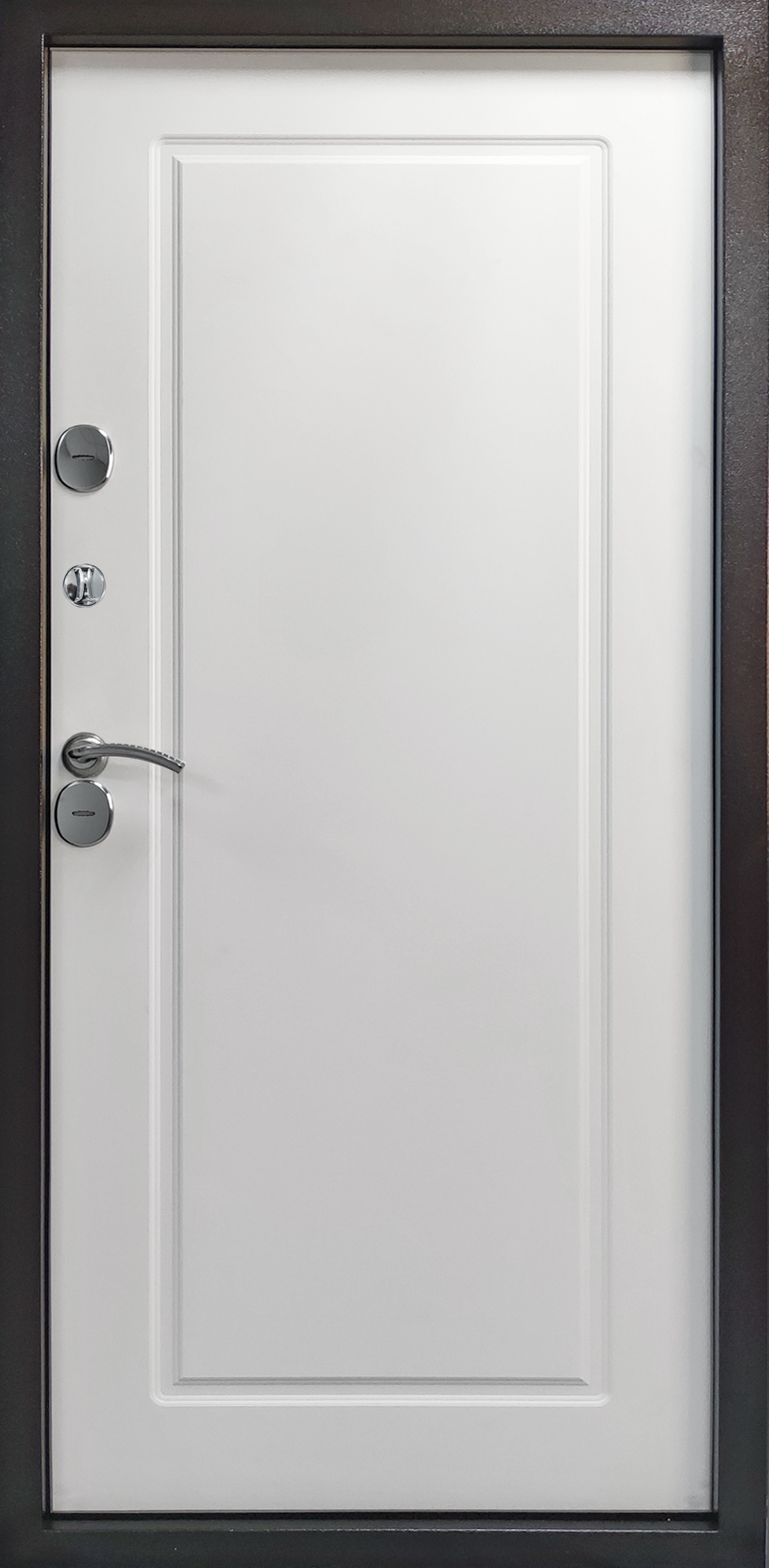 Металлическая дверь «Термо Барьер». Вид внутренней отделки белая гладкая Вид внешней отделки: Антик медь Cтандартный наличник